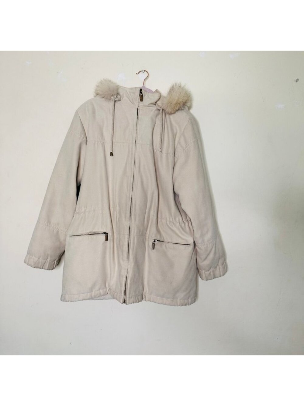 Worthington Womens Light Beige Hooded Jacket With Faux Fur Trim Zippered Pockets